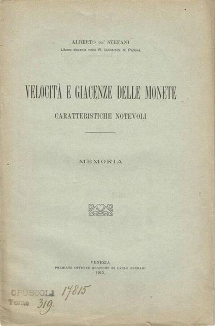 Velocità e giacenza delle monete - Alberto De Stefani - copertina