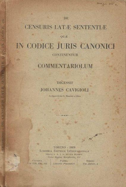 De censuris latae sententiae quae in Codice Juris Canonici continentur commentariolum - Johannes Cavigioli - copertina