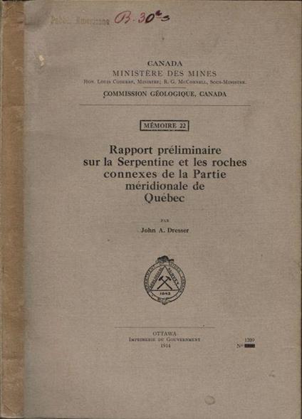 Rapport préliminaire sur la Serpentine et les roches connexes de la Partie méridionale de Quebec - copertina