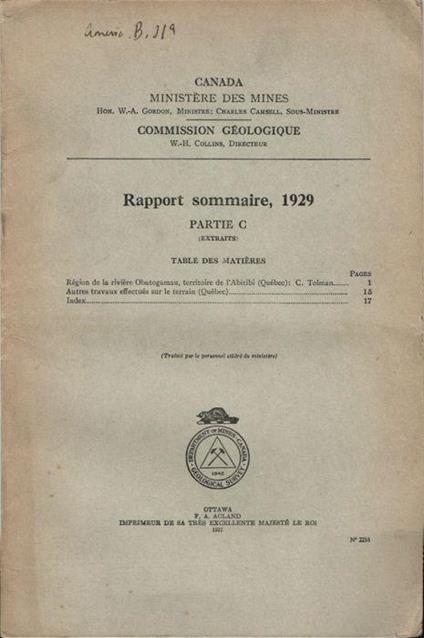 Rapport sommaire, 1929 - copertina