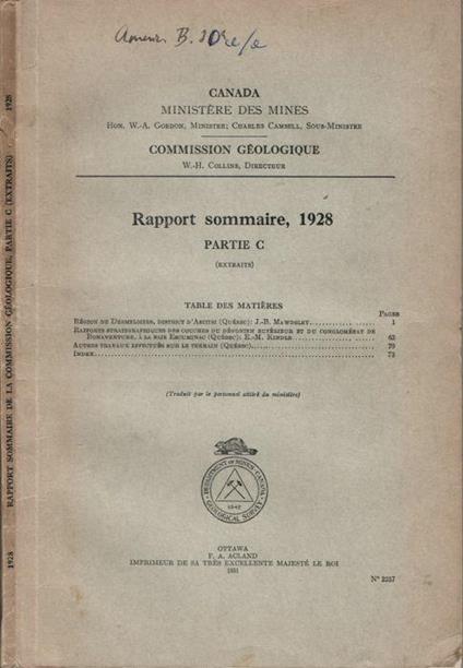 Rapport sommaire, 1928 - copertina