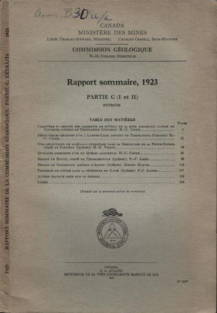 Rapport sommaire, 1923 - copertina