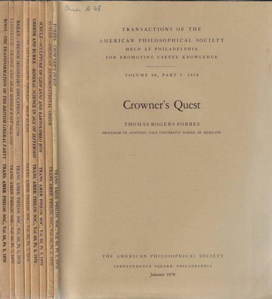 Transactions of the American Philosophical Society held at Philadelphia for promoting useful knowledge volume 68, part 1, 2, 3, 4, 5, 6, 7, 8 1978 - copertina