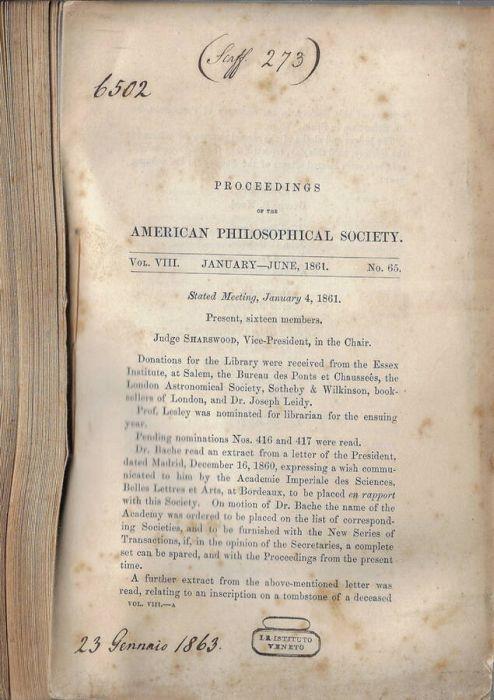 Proceedings of the American Philosophical Society Vol VIII n. 65, 66 1861 (annata completa) - copertina