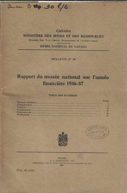 Rapport du Mesèe national sur l'année financière 1936-37 - copertina