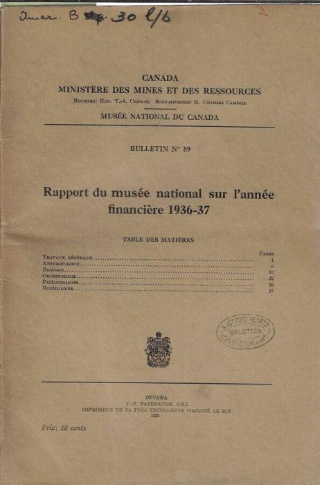 Rapport du Mesèe national sur l'année financière 1936-37 - copertina