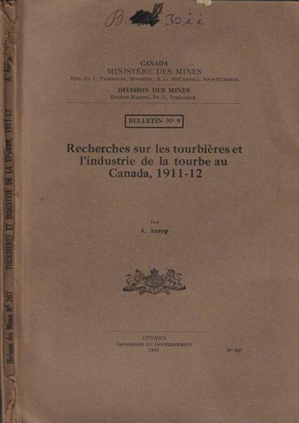 Recherches sur les tournières et l'industrie de la tourbe au Canada, 1911-12 - copertina