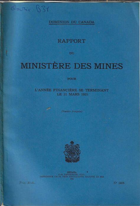 Rapport du Ministère des Mines pour l'année financière se terminant le 31 mars 1935 - copertina