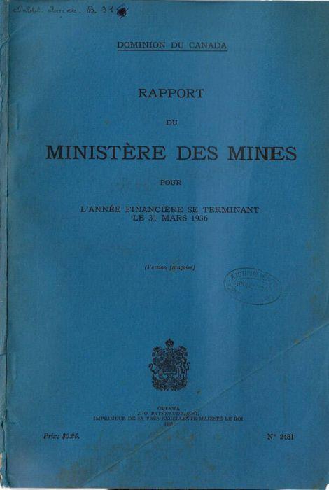 Rapport du Ministère des Mines pour l'année financière se terminant le 31 mars 1936 - copertina