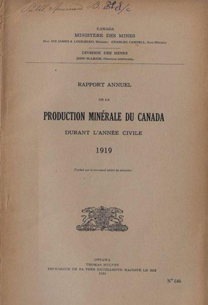 Rapport annuel de la production minérale du Canada durant l'année civile 1919 - copertina