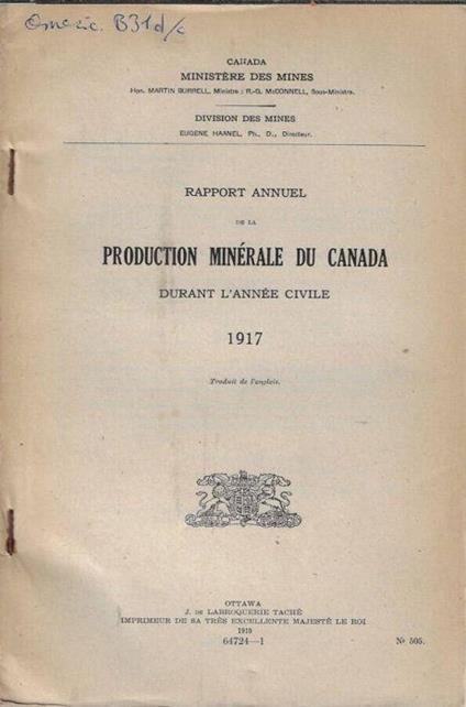 Rapport annuel de la production minérale au Canada durant l'annee civile 1917 - copertina
