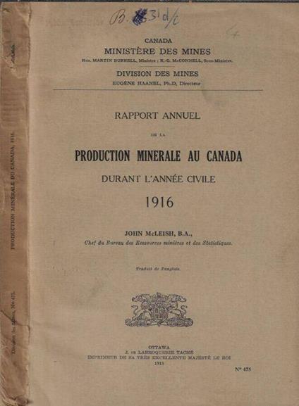 Rapport annuel de la production minérale au Canada durant l'annee civile 1916 - copertina