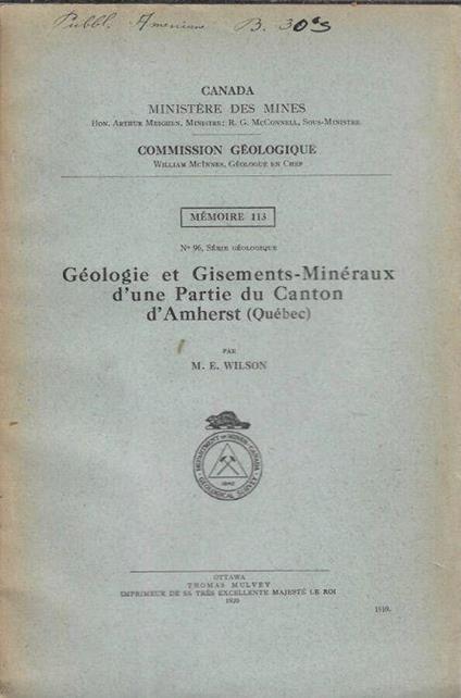 Géologie et Gisements-Minéraux d'une Partie du Canton d'Amherst (Québec) - copertina