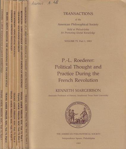 Transactions of the American Philosophical Society Volume 73 part. 1, 2, 3, 4, 5, 6, 7 1983 - copertina