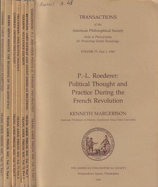 Transactions of the American Philosophical Society Volume 73 part. 1, 2, 3, 4, 5, 6, 7 1983 - copertina