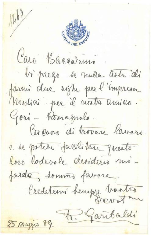 Lettera su carta intestata con stemma, della Camera dei Deputati, datata 9 maggio 89 (1889) - Ricciotti Garibaldi - copertina