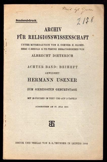 Archiv fur religionswissenchaft - Hermann Usener - copertina