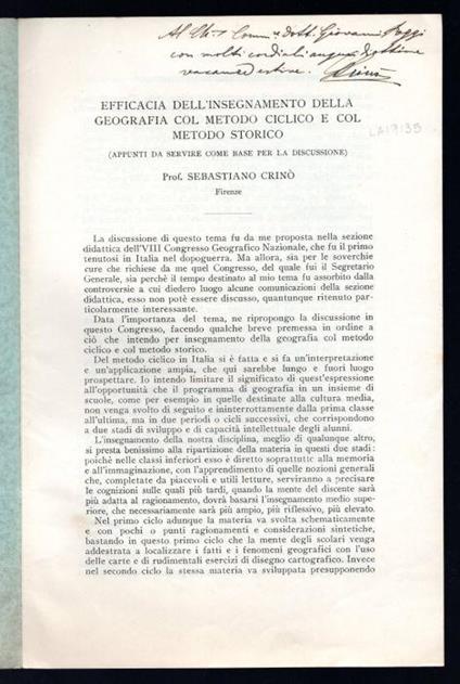 Efficacia dell'insegnamento della Geografia col metodo ciclico e col metodo storico - Sebastiano Crinò - copertina