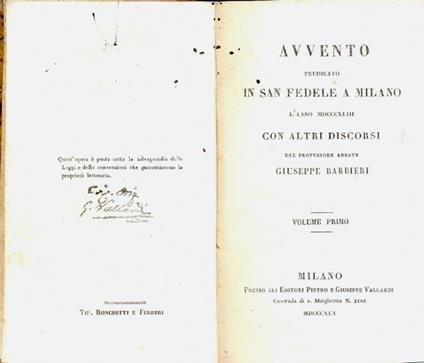 Avvento predicato in San Fedele a Milano l'anno 1843 con altri discorsi - Giuseppe Barbieri - copertina