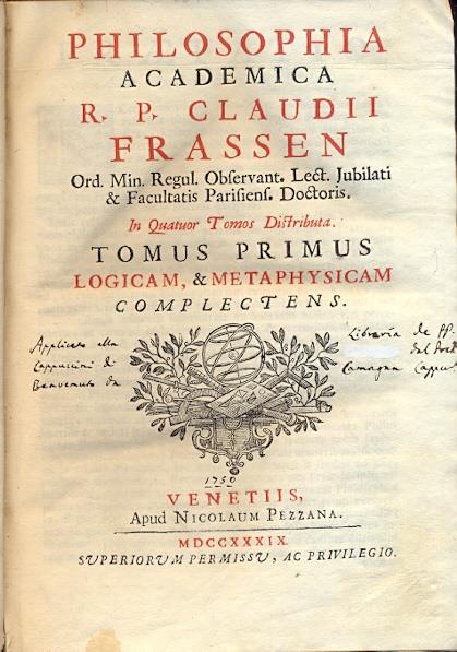 Philosophia acedemica R. P. Claudii Frassen Ord. Min. Regul. ... In quatuor tomos distributa - copertina