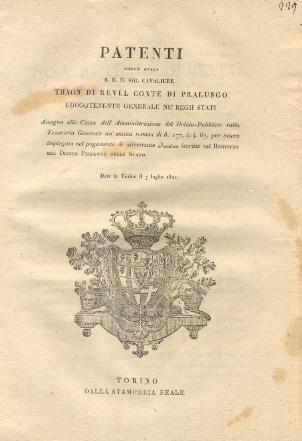 Patenti colle quali S. E. Thaon Di Revel Luogotenente Generale ne' Regii Stati, assegna alla Cassa dell'Amministrazione del Debito Pubblico sulla Tesoreria Generale un'annua somma di 11.177,414.67, per essere impiegata nel pagamento di altrettante Re - copertina