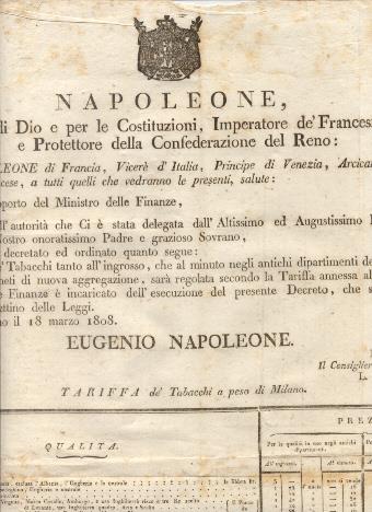 Editto napoleonico che decreta la tariffa de' tabacchi a peso di Milano - copertina