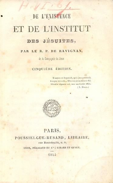 De l'existence et de l' Institut des Jesuites. Cinquieme edition, augmentée d' un preface - copertina