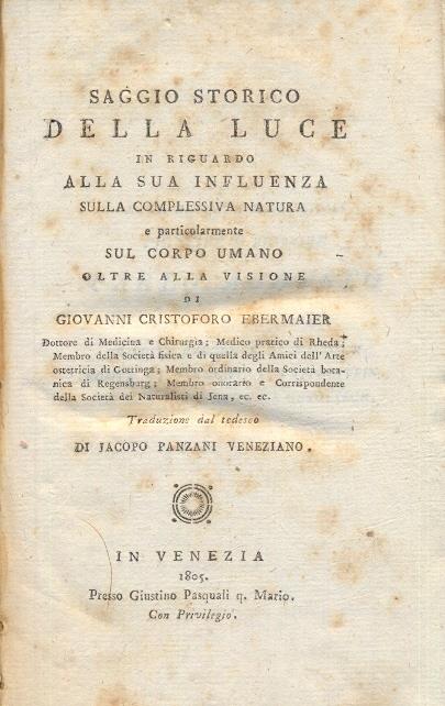 Saggio storico della luce in riguardo alla sua influenza sulla complessiva natura e particolarmente sul corpo umano - copertina