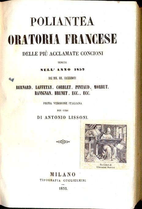 Poliantea oratoria francese delle più acclamate concioni tenute nell'anno 1852 , seconda parte - Antonio Lissoni - copertina