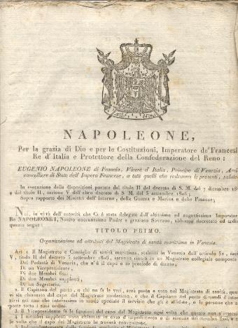 Editto napoleonico che decreta l'Organizzazione ed attributi del Magistrato di sanità marittima in Venezia Servizio della Sanità marittima nel dipartimento dell'Adriatico e del Regno - copertina