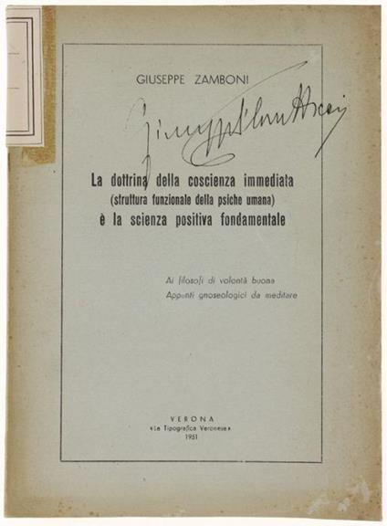 La Dottrina Della Coscienza Immediata (Struttura Funzionale Della Psiche) E La Scienza Positiva Fondamentale - Giuseppe Zamboni - copertina