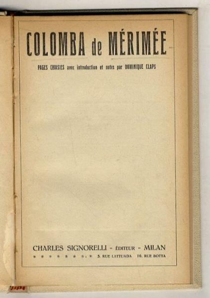 Colomba de Mérimée. Pages choisies avec introduction et notes par Domimique Claps - Prosper Mérimée - copertina