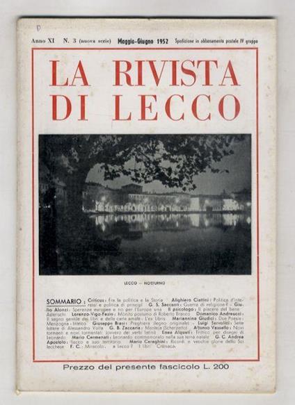 RIVISTA di Lecco. Anno XI. 1952. Nn. 1 (gennaio), 2 (marzo-aprile), 3 (maggio giugno), 4 (luglio-agosto), 5 (settembre-ottobre) - copertina