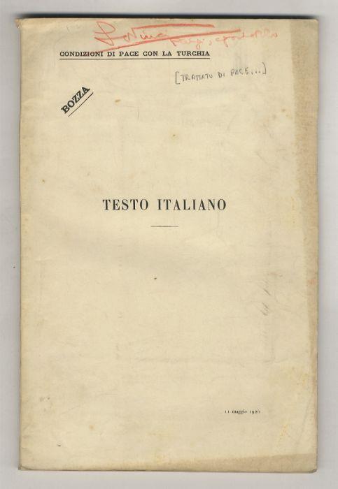 Condizioni di pace con la Turchia. Testo italiano. Bozza. 11 maggio 1920 - copertina