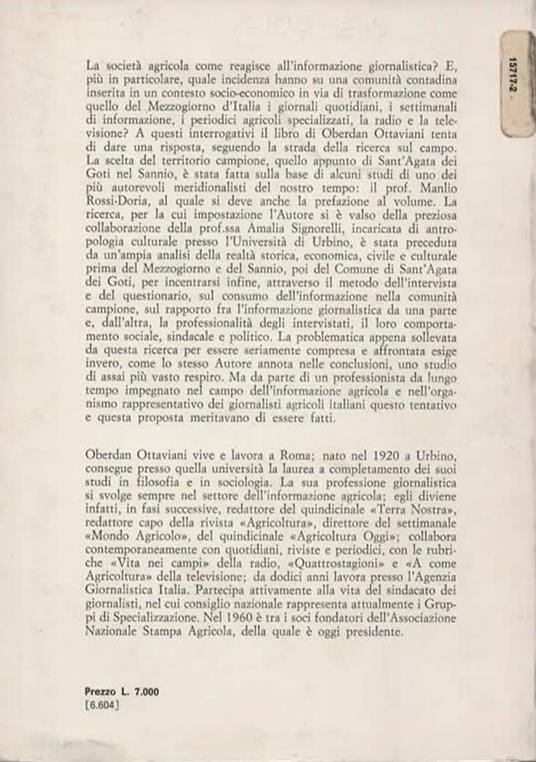 Sant'Agata dei Goti l'informazione mancata. La comunicazione nella società agricola del Mezzogiorno: ricerca in un comune campione - Oberdan Ottaviani - 2