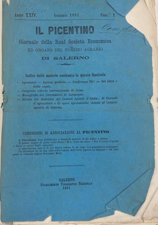 Il Piacentino Anno XXIV Gennaio 1881 Fasc. 1 - copertina