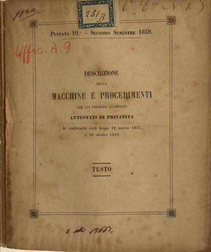 Descrizione delle macchine e procedimenti per cui vennero accordati attestati di privativa - copertina