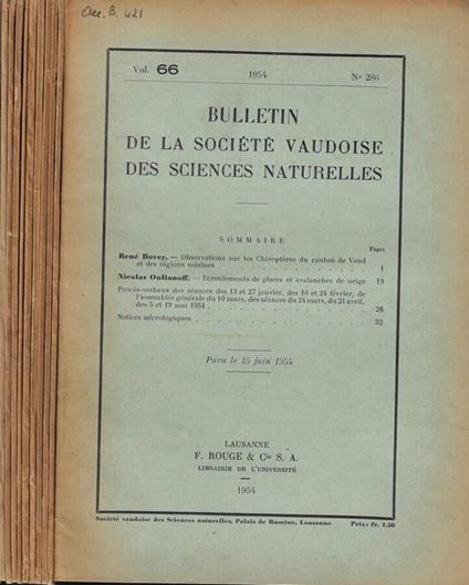 Bulletin de la Société Vaudoise des Sciences Naturelles dal n. 286 al n. 296 Anno 1954-1955-1956-1957 - copertina