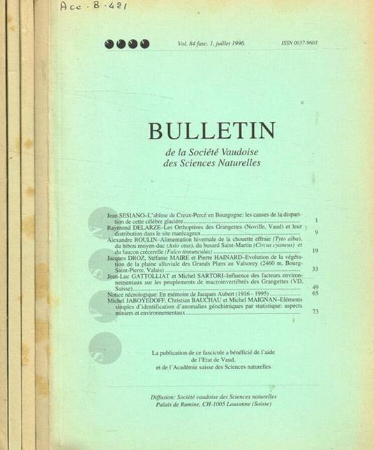 Bulletin de la societé vaudoise des sciences naturelles vol.84, 1996-1997 - copertina