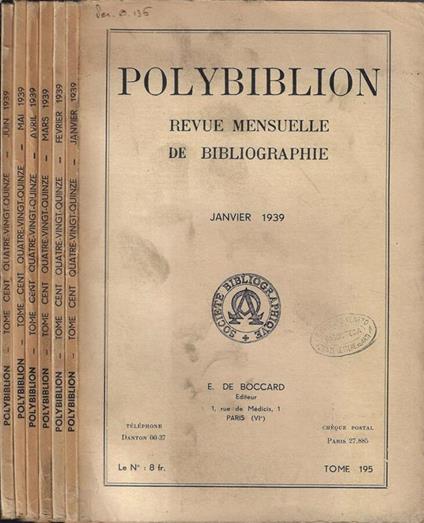 Polybiblion revue mensuelle de bibliographie tome 195 janvier juin 1939 - copertina