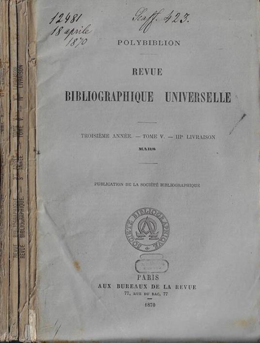 Polybiblion revue bibliographique universelle tome V mars, avril, mai, juin 1870 - copertina