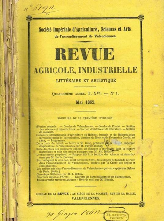 Revue agricole, industrielle litteraire et artistique. Quatorzieme année, tomo XV, 1862 - copertina