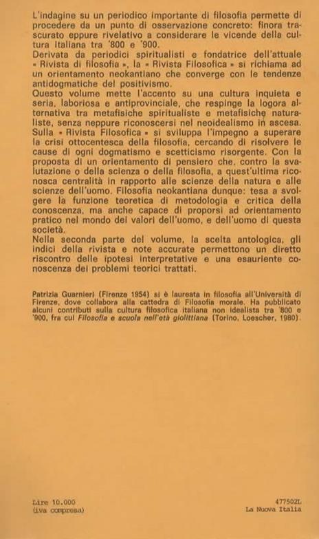La "Rivista filosofica" (1899-1908). Conoscenza e valori del neokantismo italiano - Patrizia Guarnieri - 2