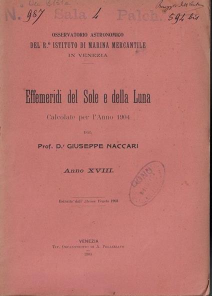 Effemeridi del sole e della luna calcolate per l'anno 1904 - Giuseppe Naccari - copertina