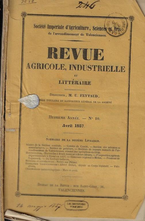 Revue agricole, industrielle et Littéraire n. 10-11-12 Anno 1857 - copertina