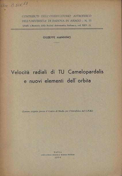 Velocità radiali di TU Camelopardalis e nuovi elementi dell'orbita - Giuseppe Mannino - copertina