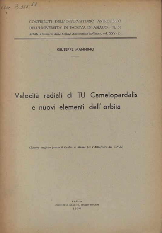 Velocità radiali di TU Camelopardalis e nuovi elementi dell'orbita - Giuseppe Mannino - copertina