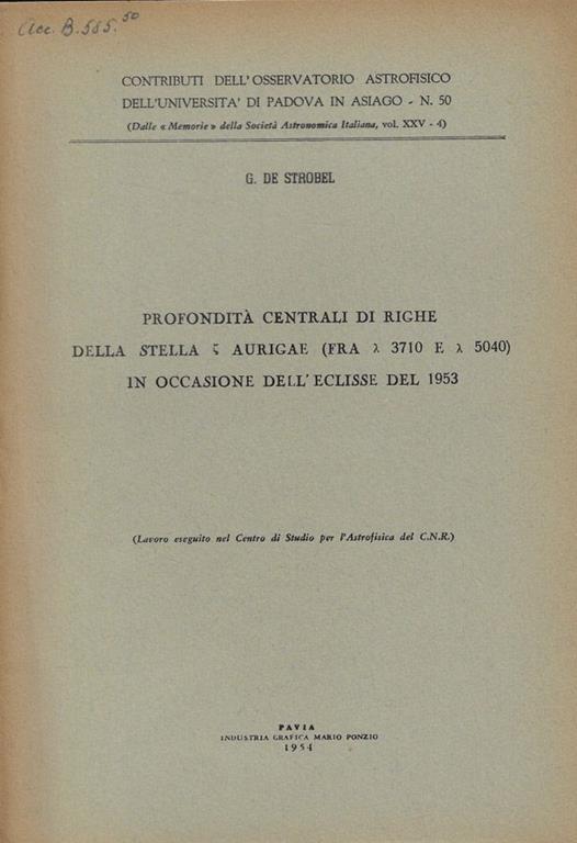 Profondità centrali di righe della stella Aurigae in occasione dell'eclisse del 1953 - copertina