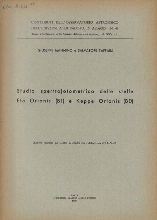 Studio Spettrofotometrico delle stelle Eta Orionis (B1) e Kappa Orionis (BO) - copertina