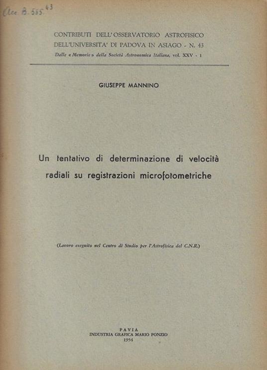 Un tentativo di determinazione di velocità radiali su registrazioni microfotometriche - Giuseppe Mannino - copertina